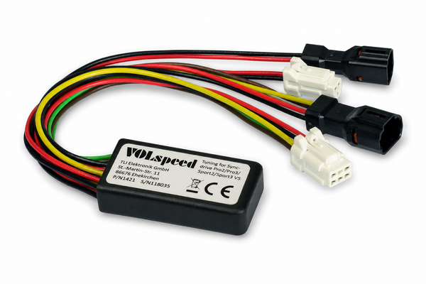 VOLspeed V5 tuning module, part 1421, black case on a four-wire loom ending in black and white plugs